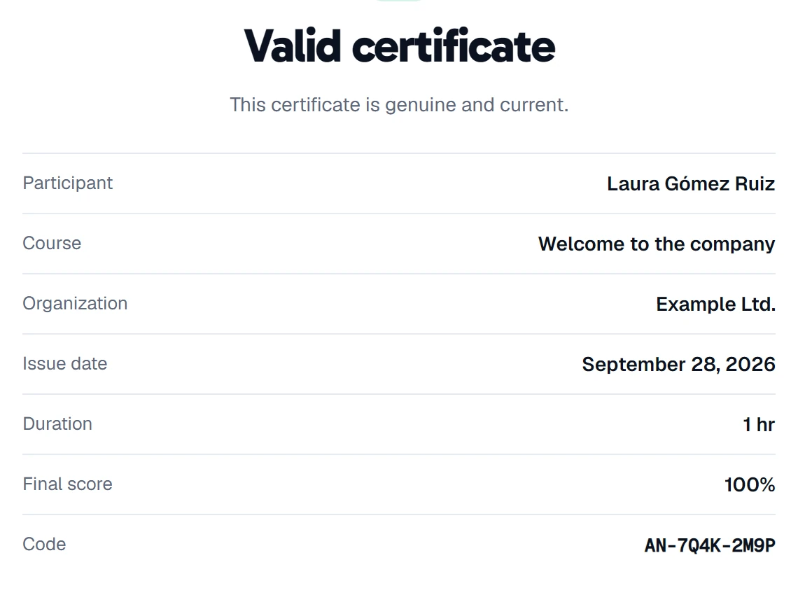 A certificate checked in the app: “Valid certificate”, with the person, the course, the organization, the date, the final score (100%) and its code.