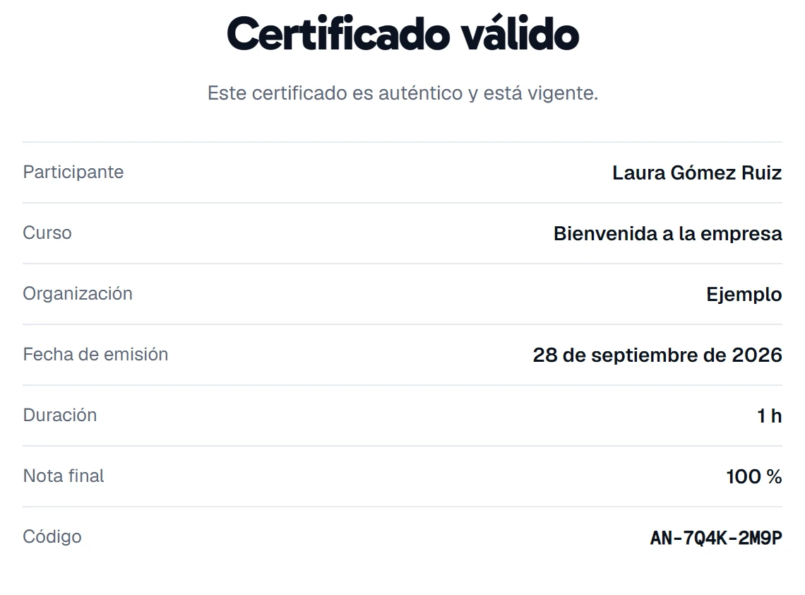 Un certificado comprobado en la app: «Certificado válido», con la persona, el curso, la organización, la fecha, la nota final (100 %) y su código.