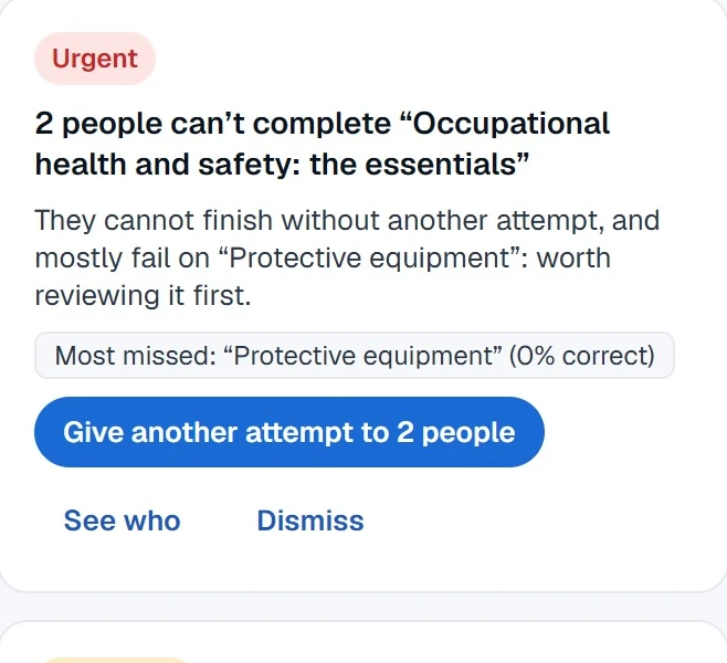 An action plan proposal in the app: 2 people can't complete “Workplace safety: the essentials” and struggle most with “Protective equipment”, with a “Give 2 people another attempt” button.