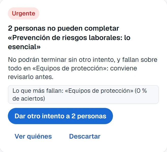 Una propuesta del plan de acción en la app: 2 personas no pueden completar «Prevención de riesgos laborales: lo esencial» y fallan sobre todo en «Equipos de protección», con el botón «Dar otro intento a 2 personas».