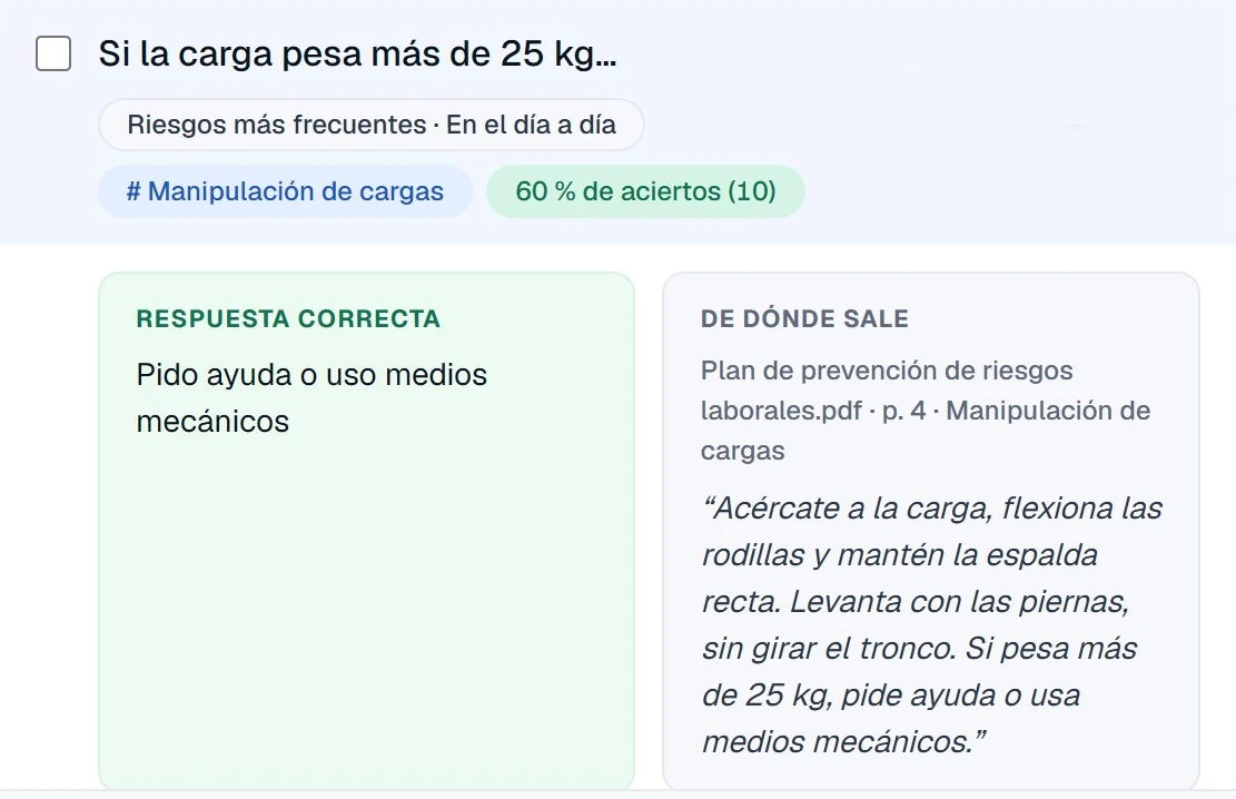 Una pregunta del test en la app: «Si la carga pesa más de 25 kg…», con su respuesta correcta y de dónde sale: el plan de prevención de riesgos laborales, página 4, con la frase del manual.